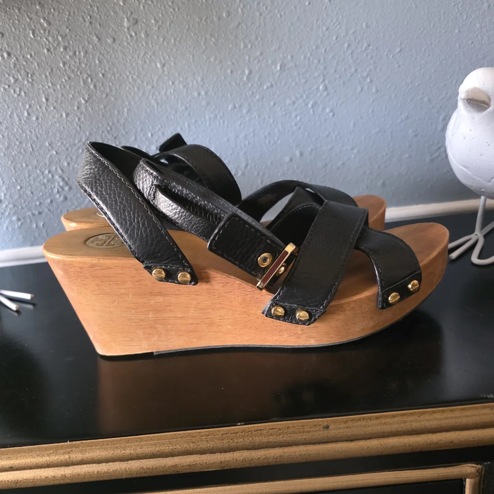 Tory Burch Black Leather Wood Platform Sandles 10.5 Medium - Picture 3 of 8